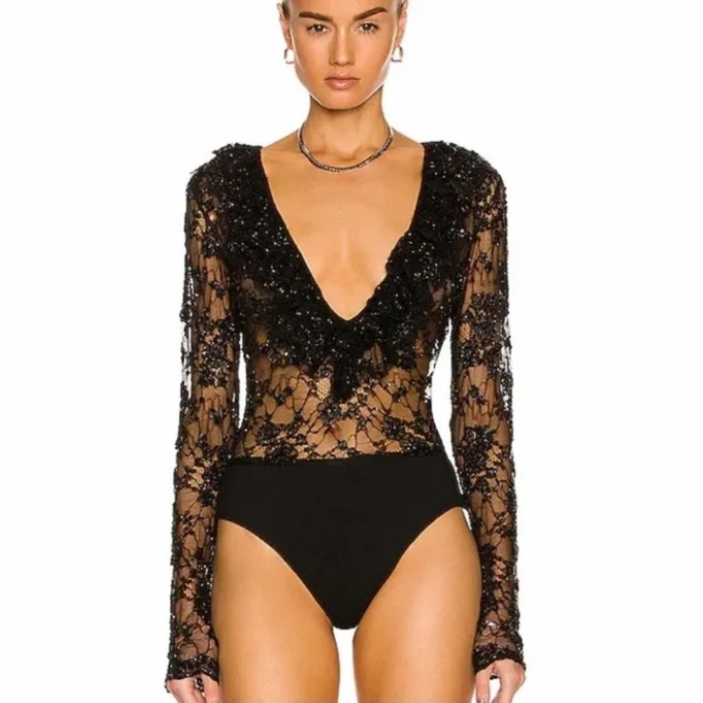 NWT! Retrofete Medusa Black Beaded and Lace Embellished Bodysuit, Size Large